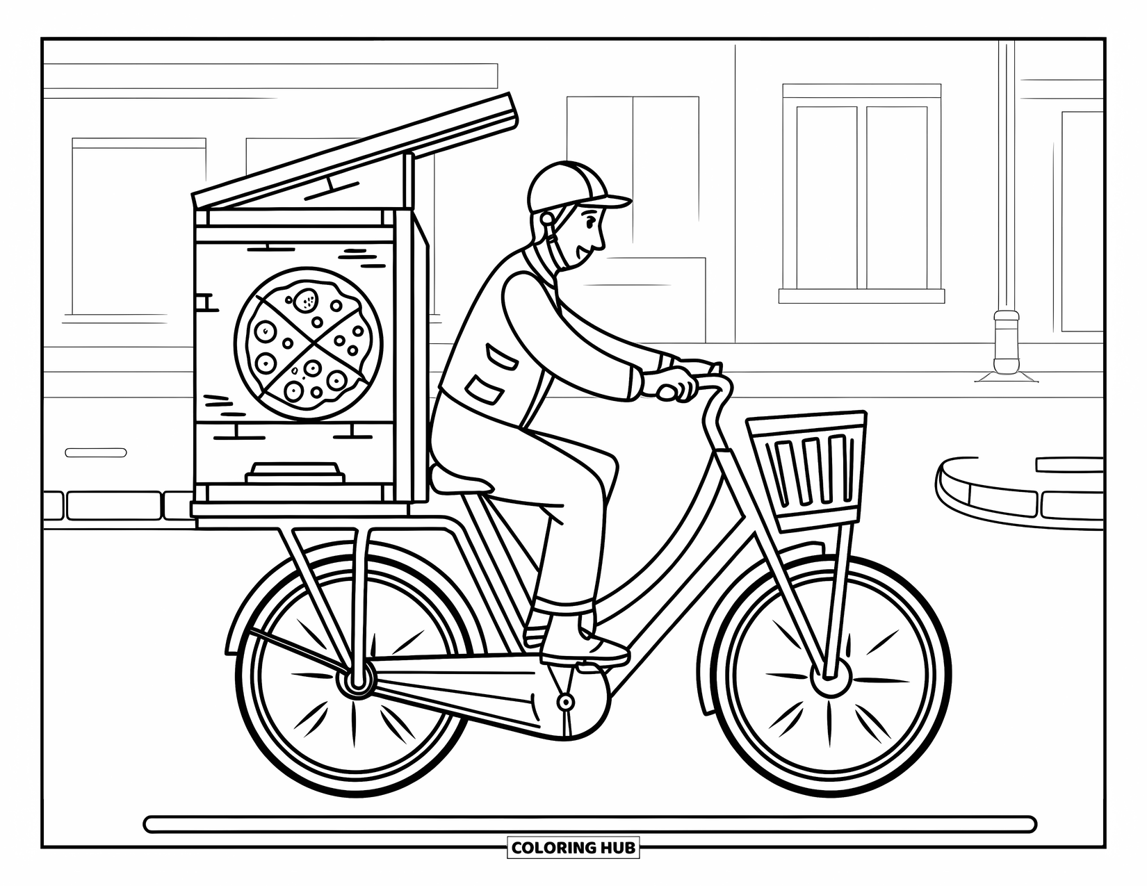 Pizza Coloring Page for Kids: A pizza delivery person cycling through a street with a pizza box secured at the back