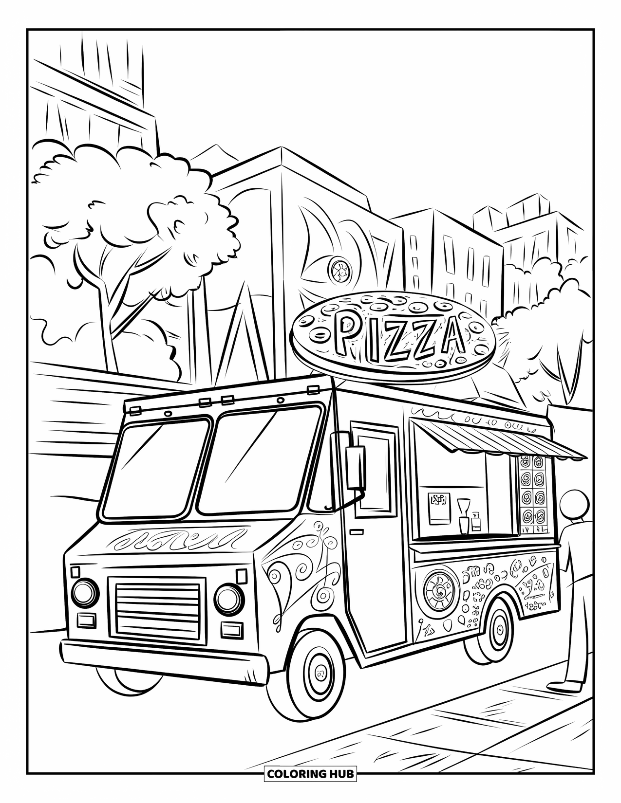 Pizza Coloring Page for Kids: A pizza food truck parked on a city street with artistic lettering and a serving window