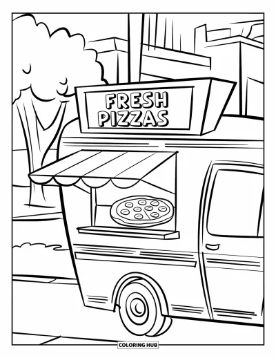 Målarbild med pizza för barn: En pizza-foodtruck med ett öppet fönster, en skylt med "Fresh Pizzas" och en stadsbakgrund