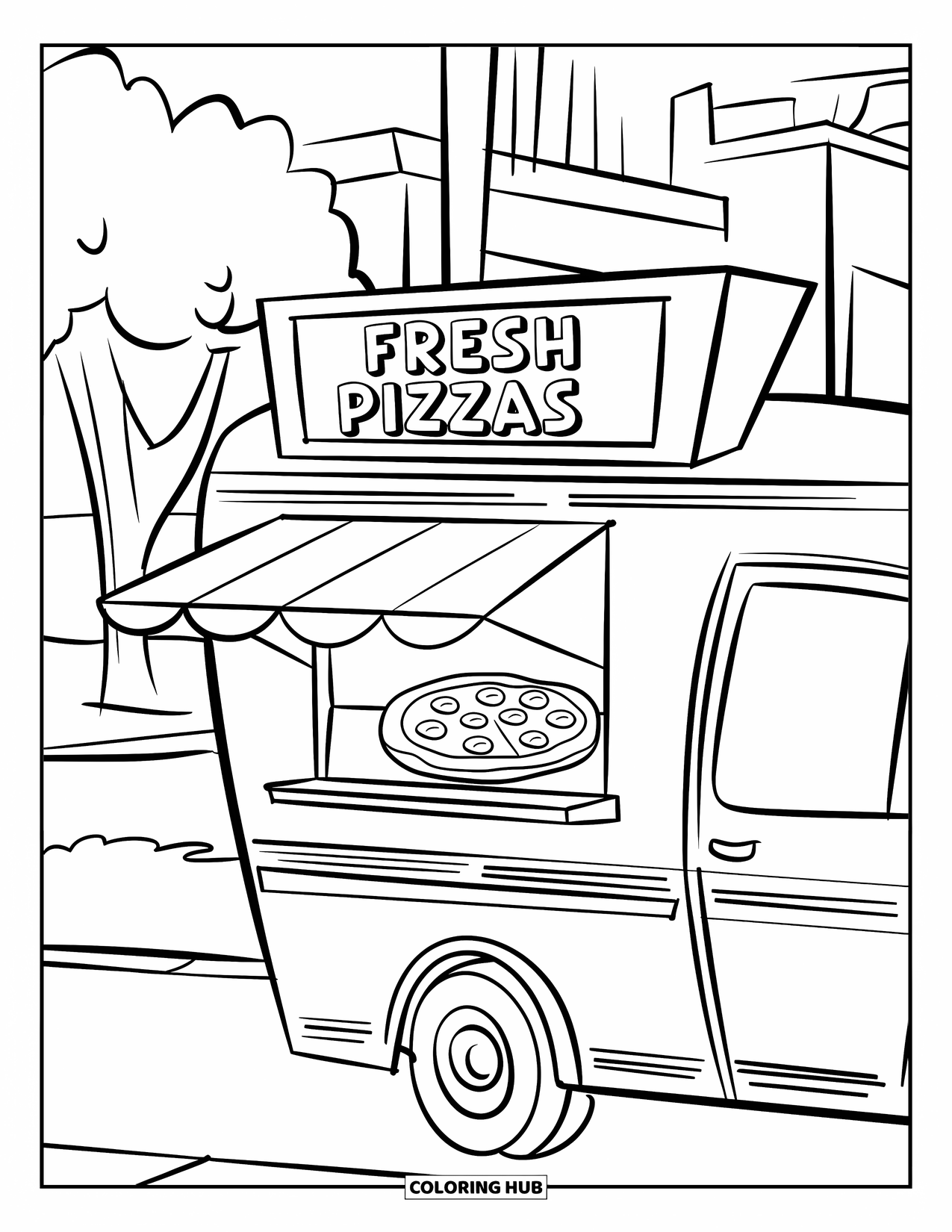 Pizza Coloring Page for Kids: A pizza food truck with an open window, a sign that says "Fresh Pizzas," and a city backdrop