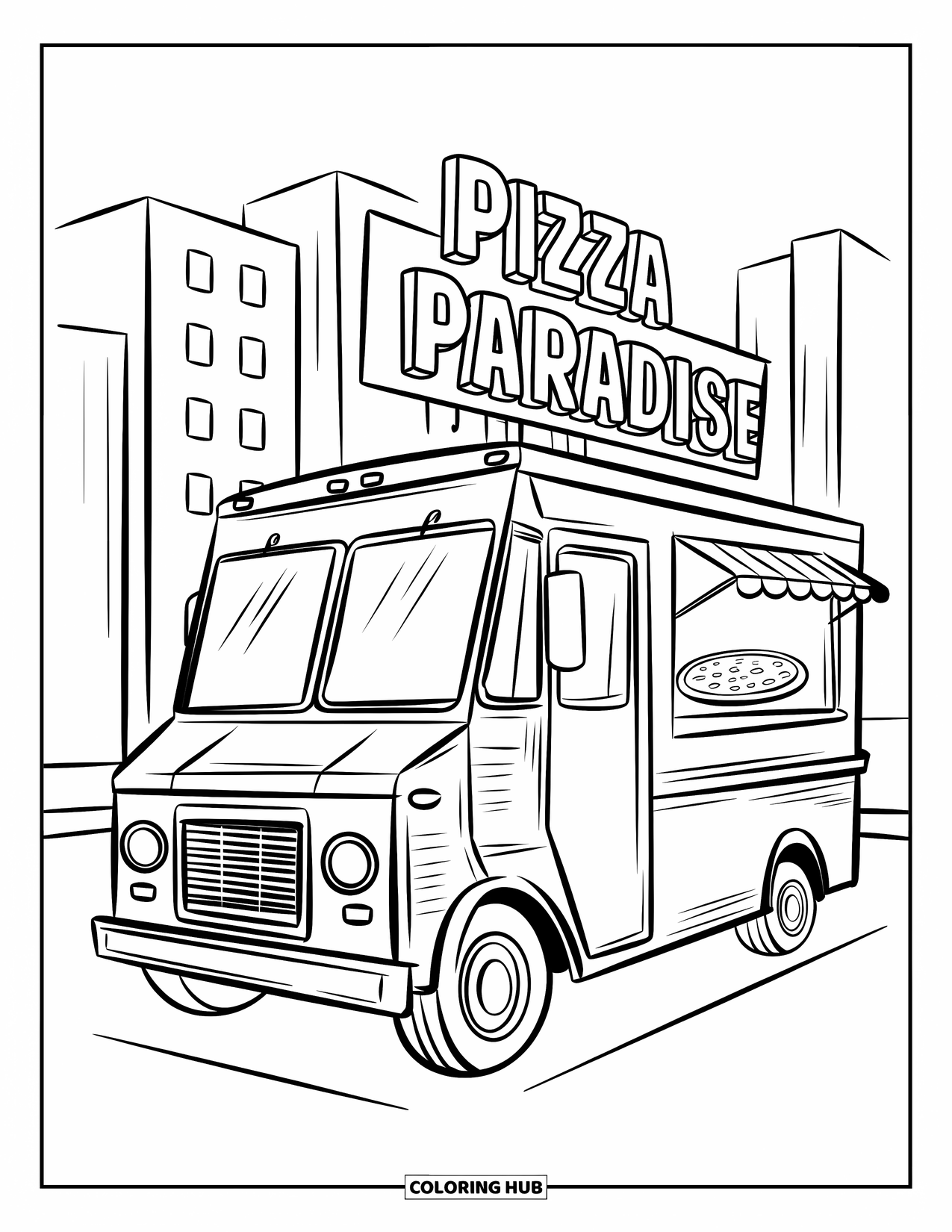 Pizza Coloring Page for Kids: A "Pizza Paradise" food truck with a pizza display window and a city background