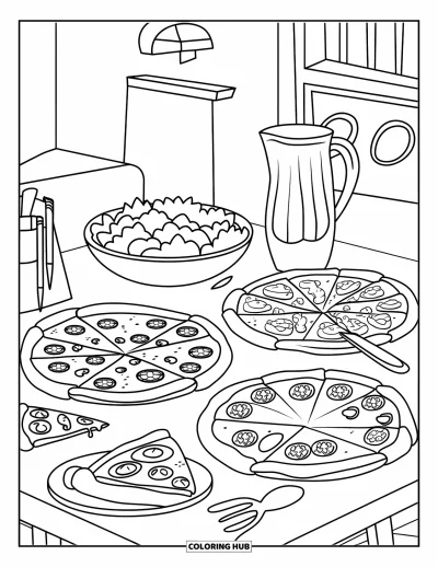 Målarbild med pizza för barn: En pizzafest med olika pizzor, bestick och en mysig bakgrund för en rolig sammankomst