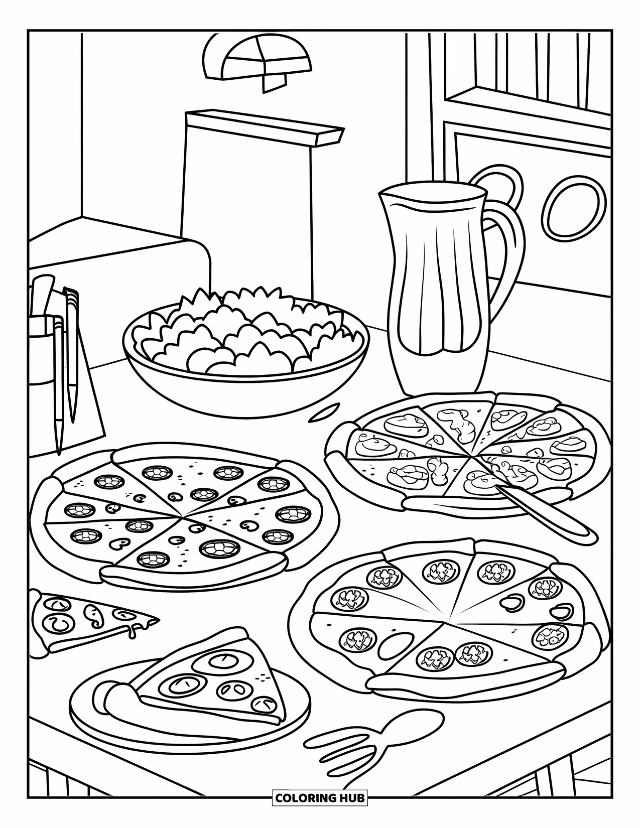 Pizza Coloring Page for Kids: A pizza party with different pizzas, utensils, and a cozy background for a fun gathering