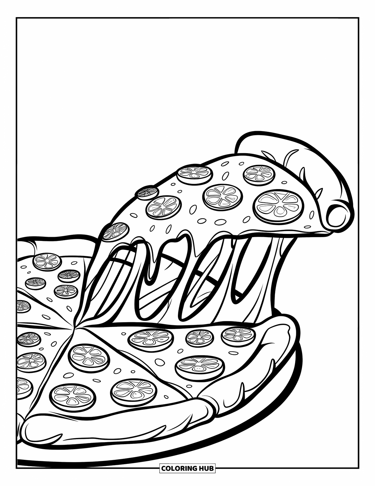 Pizza Coloring Page for Kids: A pizza slice being pulled with stretchy cheese and detailed toppings in a simple background