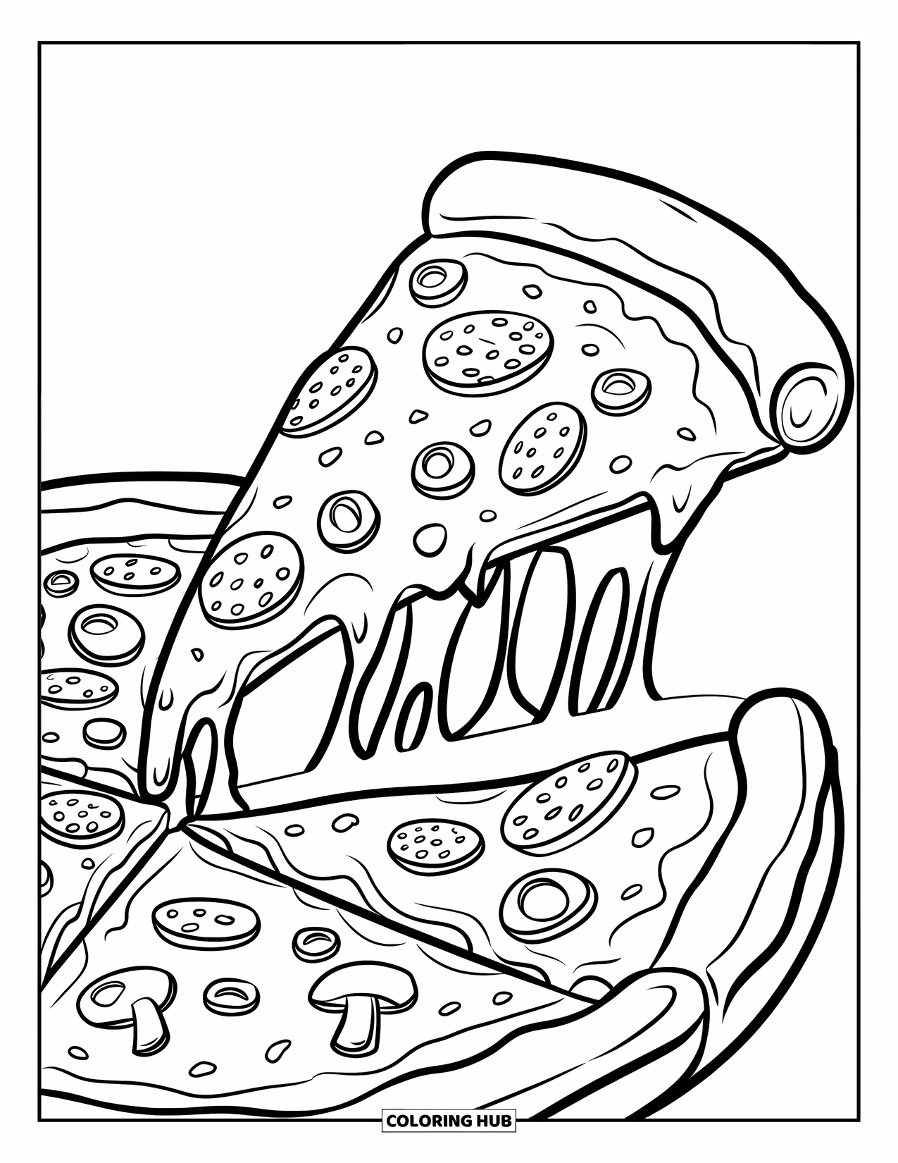 Pizza Coloring Page for Kids: A pizza slice being pulled with stretchy cheese and detailed toppings, perfect for coloring