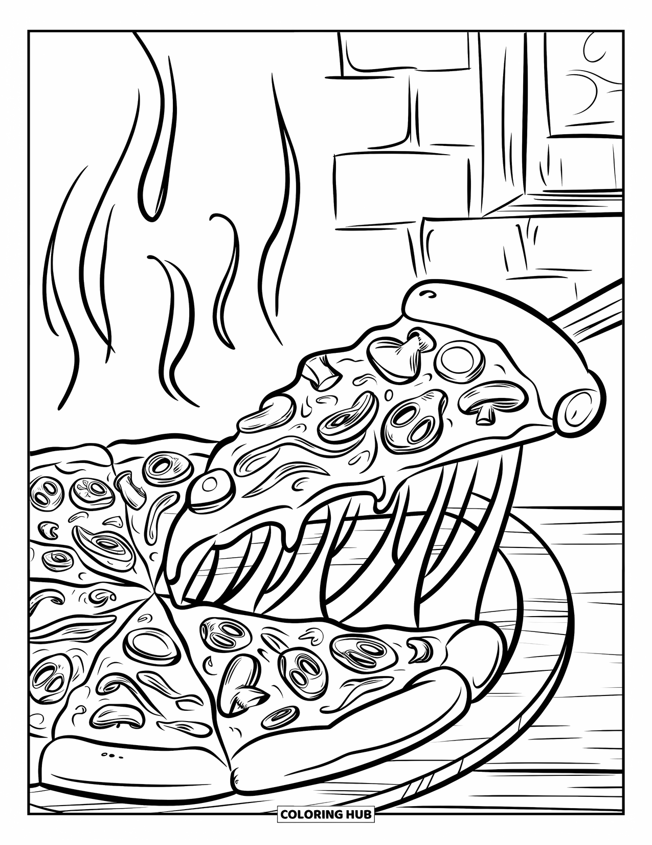 Pizza Coloring Page for Kids: A pizza slice with stretching cheese on a wooden paddle, set in a rustic kitchen scene