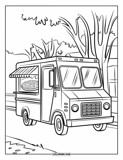 Målarbild med pizza för barn: En pizzatruck parkerad vid en väg med ett stort fönster som visar en nybakad pizza