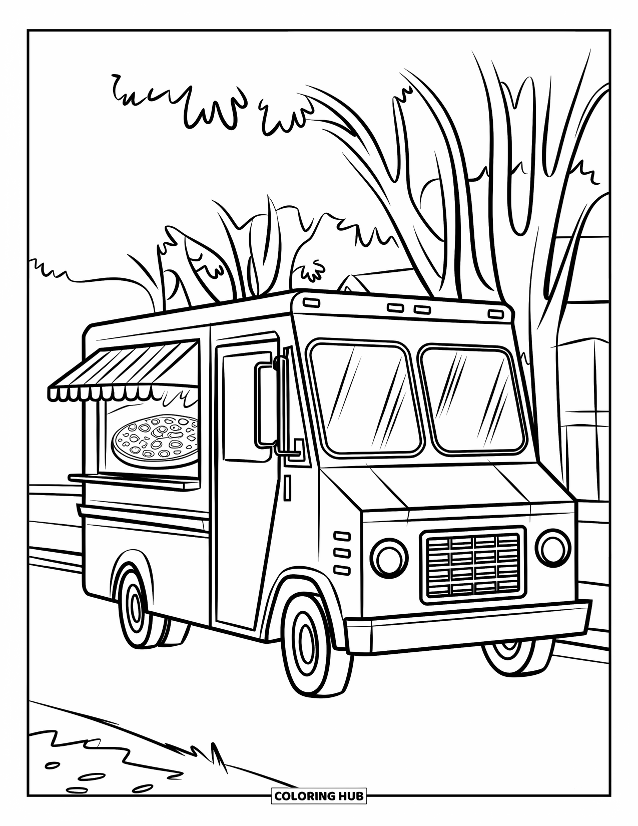 Pizza Coloring Page for Kids: A pizza truck parked near a road with a large window displaying a fresh pizza inside