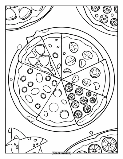 Målarbild med pizza för barn: En pizza med fyra unika bitar på en tallrik, med tydliga konturer för enkel färgläggning