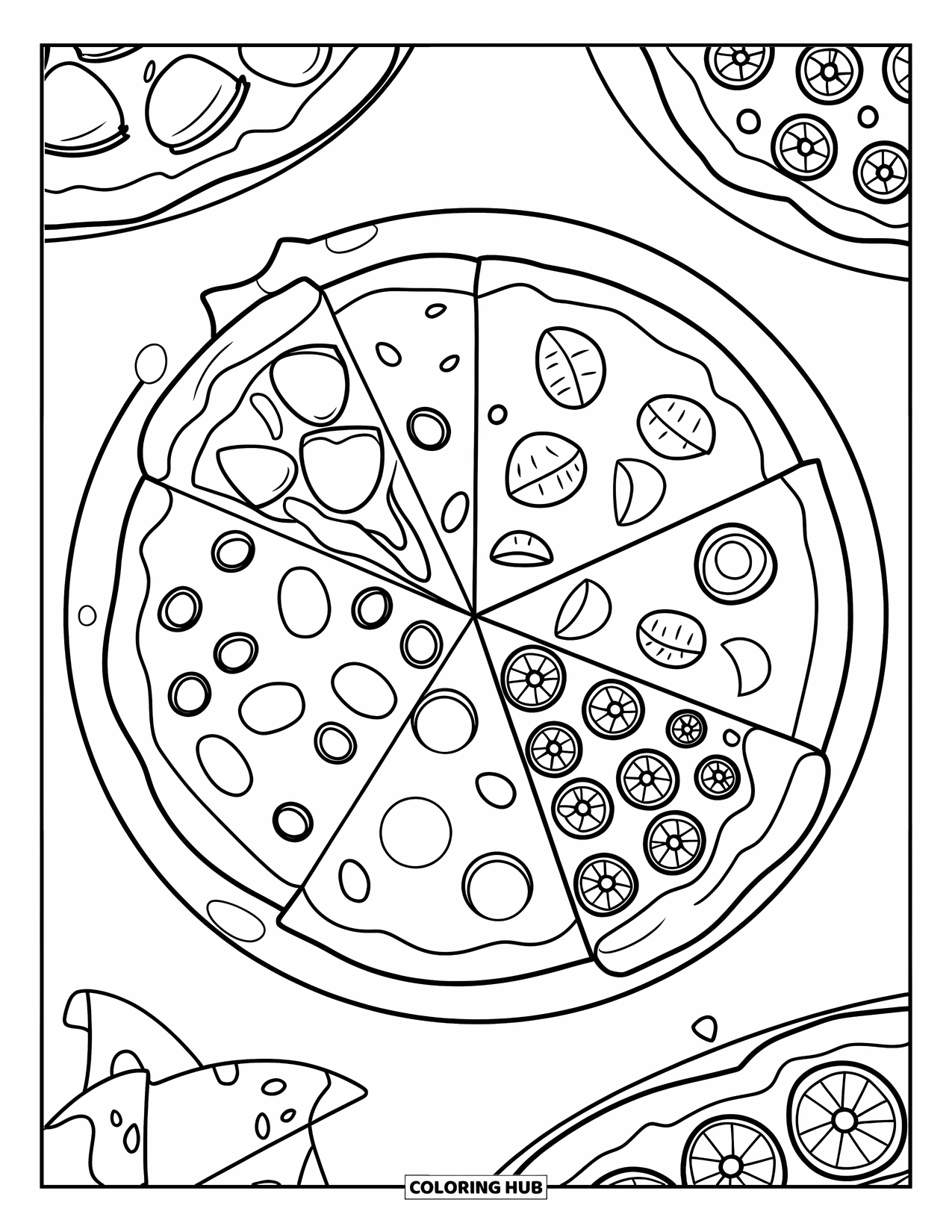 Pizza Coloring Page for Kids: A pizza with four unique slices on a plate, with bold outlines for easy coloring