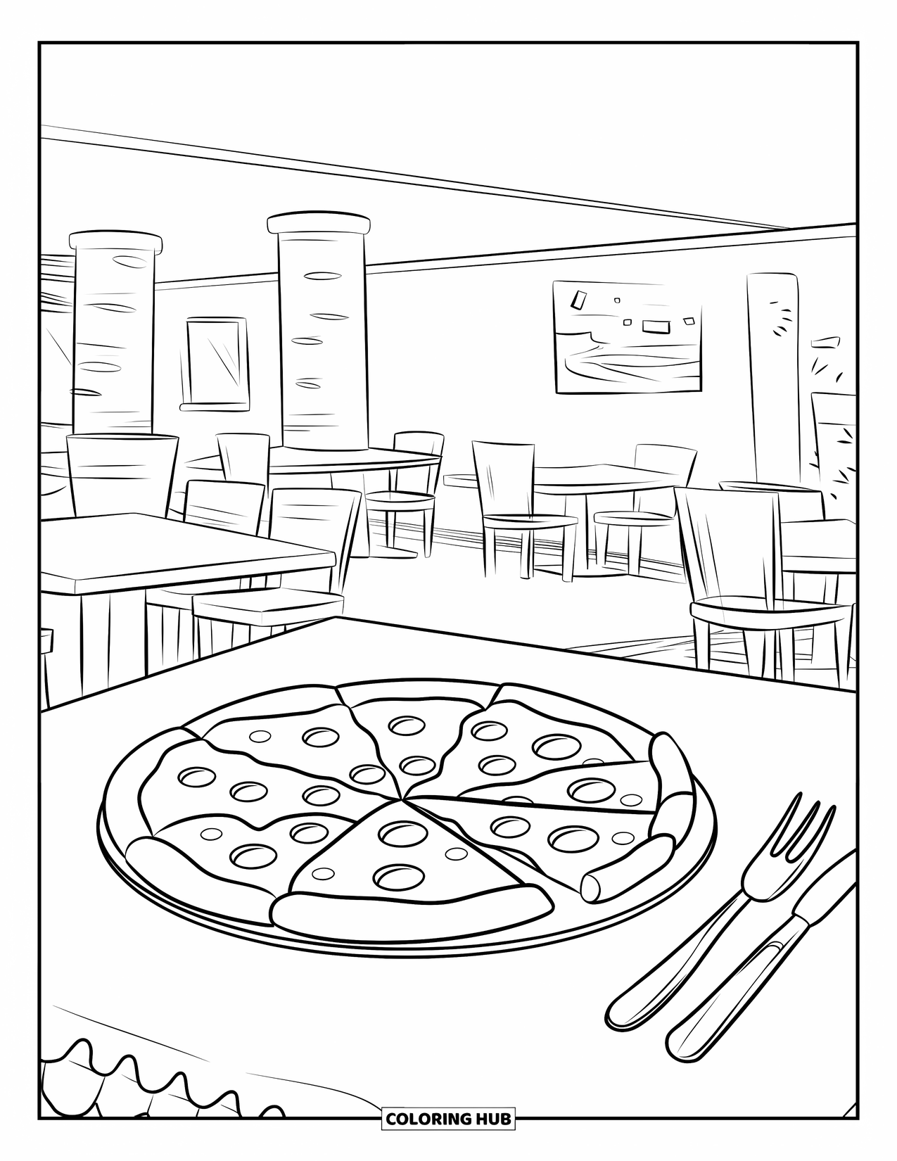 Pizza Coloring Page for Kids: A pizza with missing slices on a plate, surrounded by a cozy restaurant atmosphere