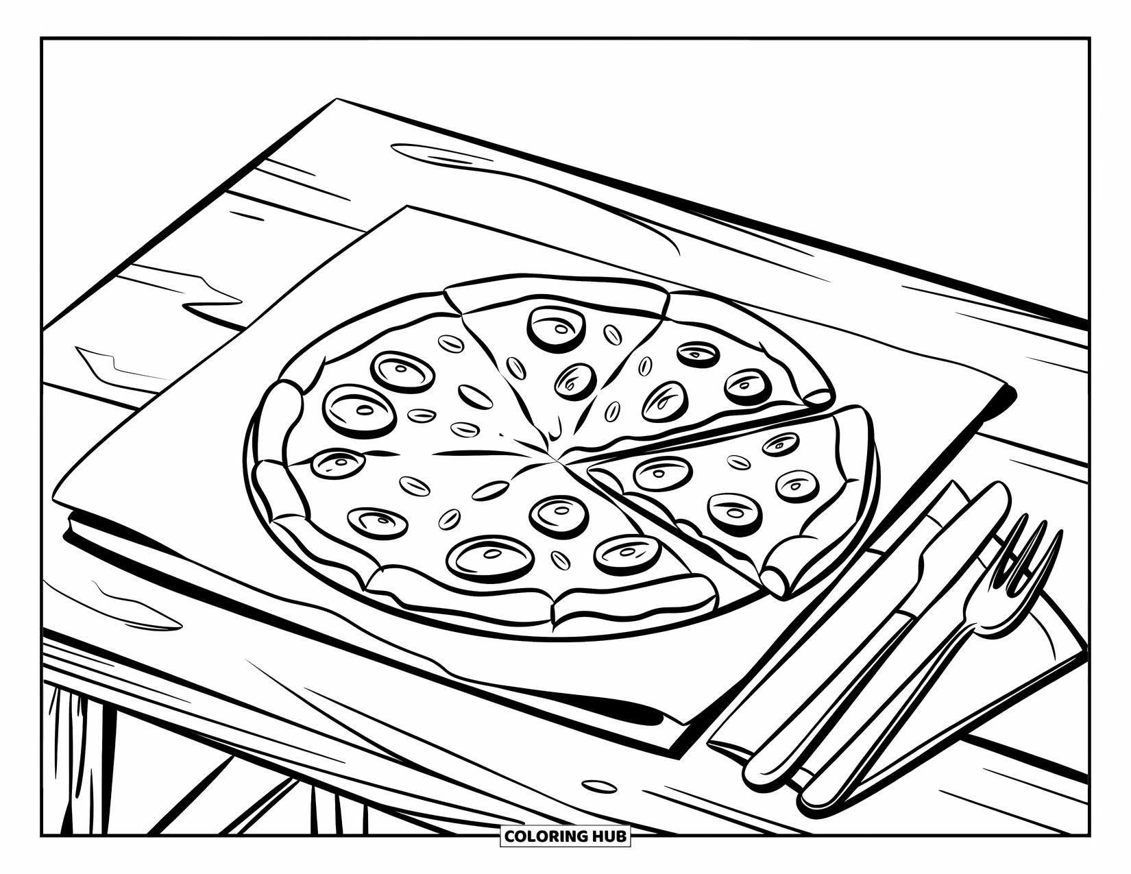 Pizza Coloring Page for Kids: A pizza with missing slices on a wooden table, accompanied by a fork, knife, and napkin