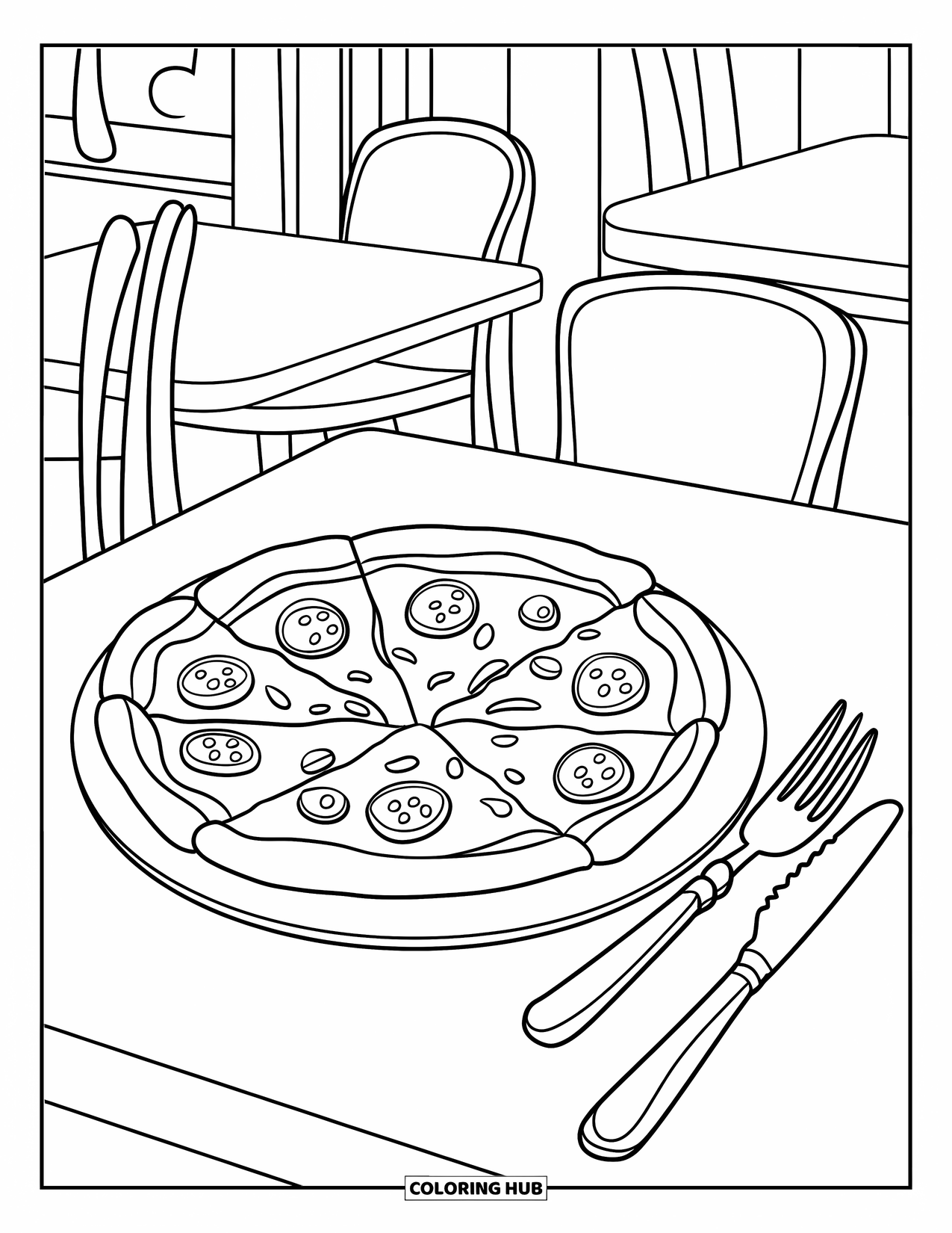 Pizza Coloring Page for Kids: A plate of pizza with a fork and knife in a fun restaurant setting