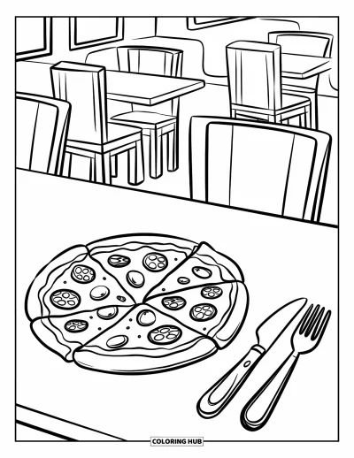 Målarbild med pizza för barn: En tallrik pizza med bestick i en charmig restaurang med bord och stolar
