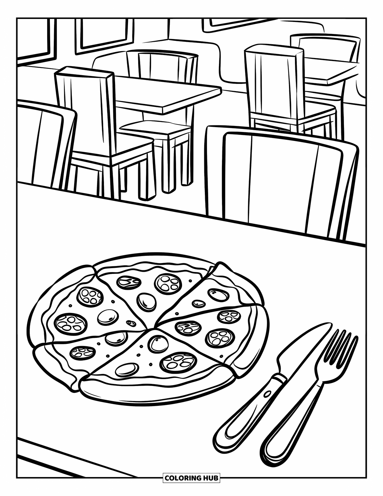 Pizza Coloring Page for Kids: A plate of pizza with utensils, set in a charming restaurant with tables and chairs