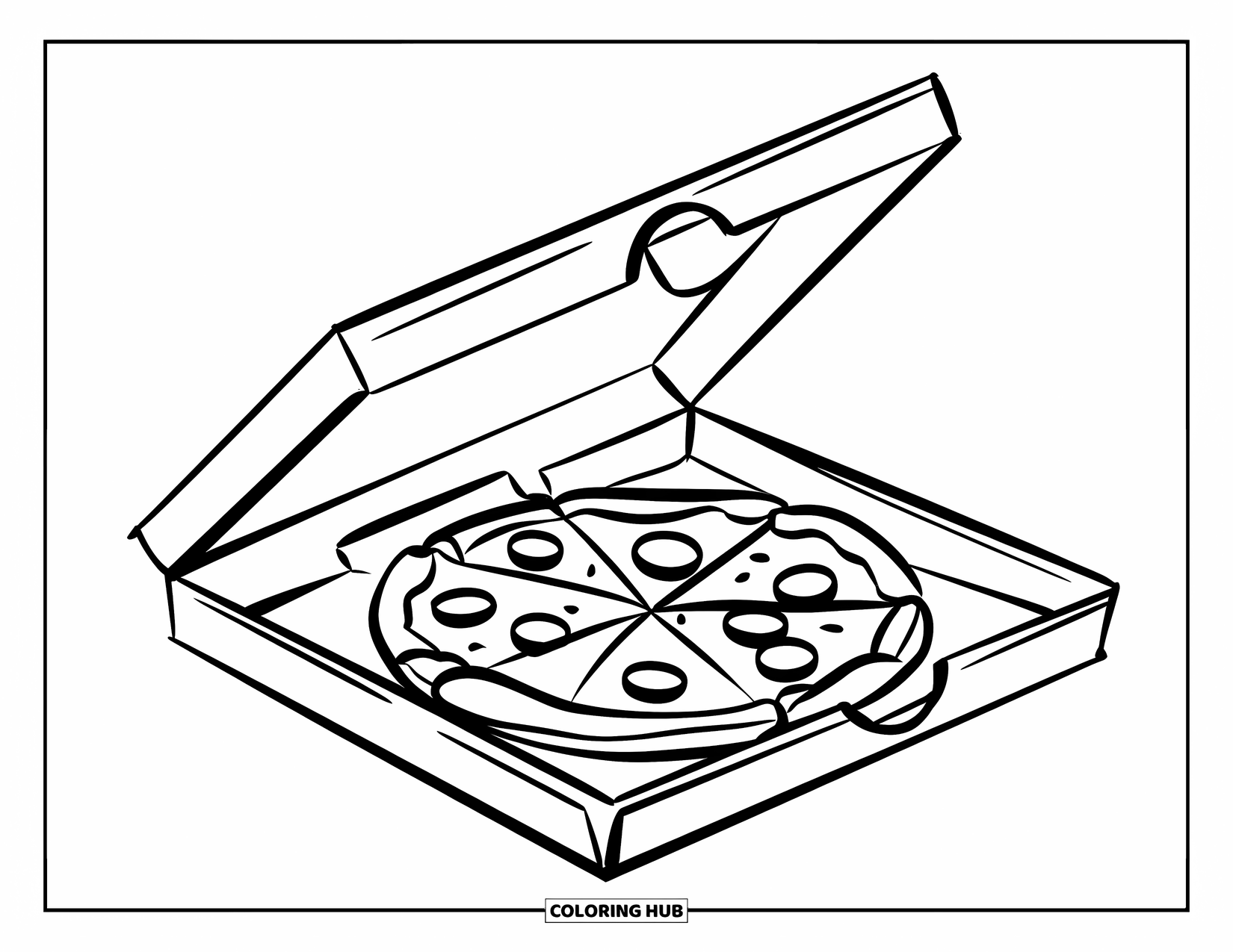 Pizza Coloring Page for Kids: A playful pizza box opened to reveal a simple pizza with a few toppings inside