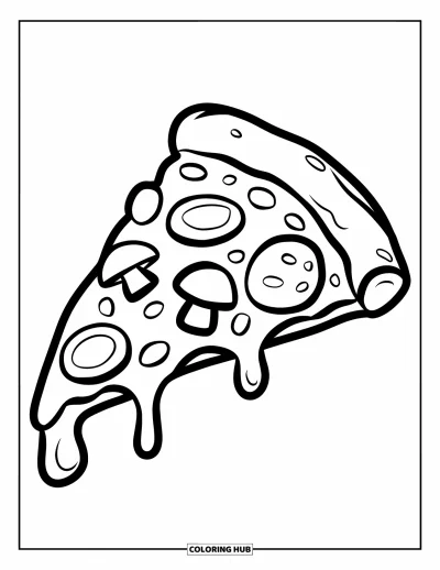 Målarbild med pizza för barn: En lekfull pizzabit med stora, lättfärgade pålägg och tjocka, tydliga konturer