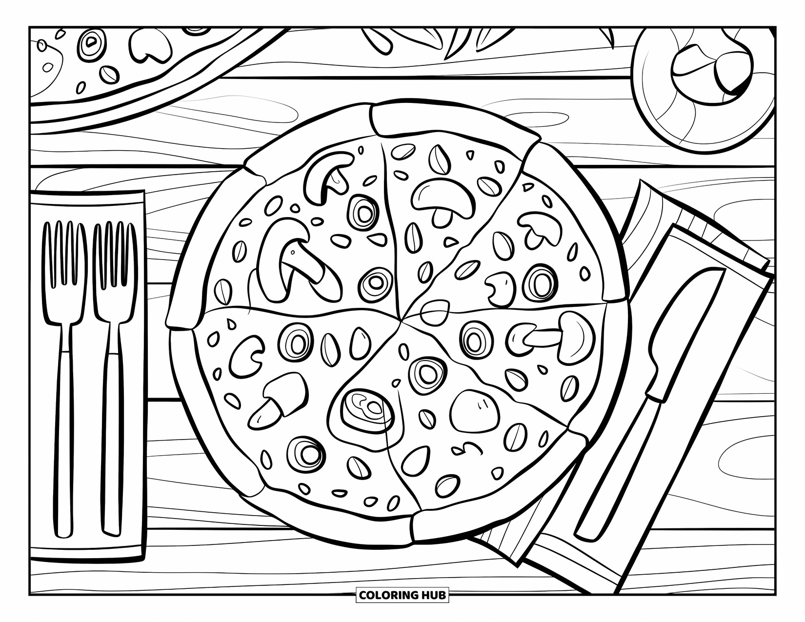 Pizza Coloring Page for Kids: A round pizza with toppings on a wooden table, with simple decorative elements in the background