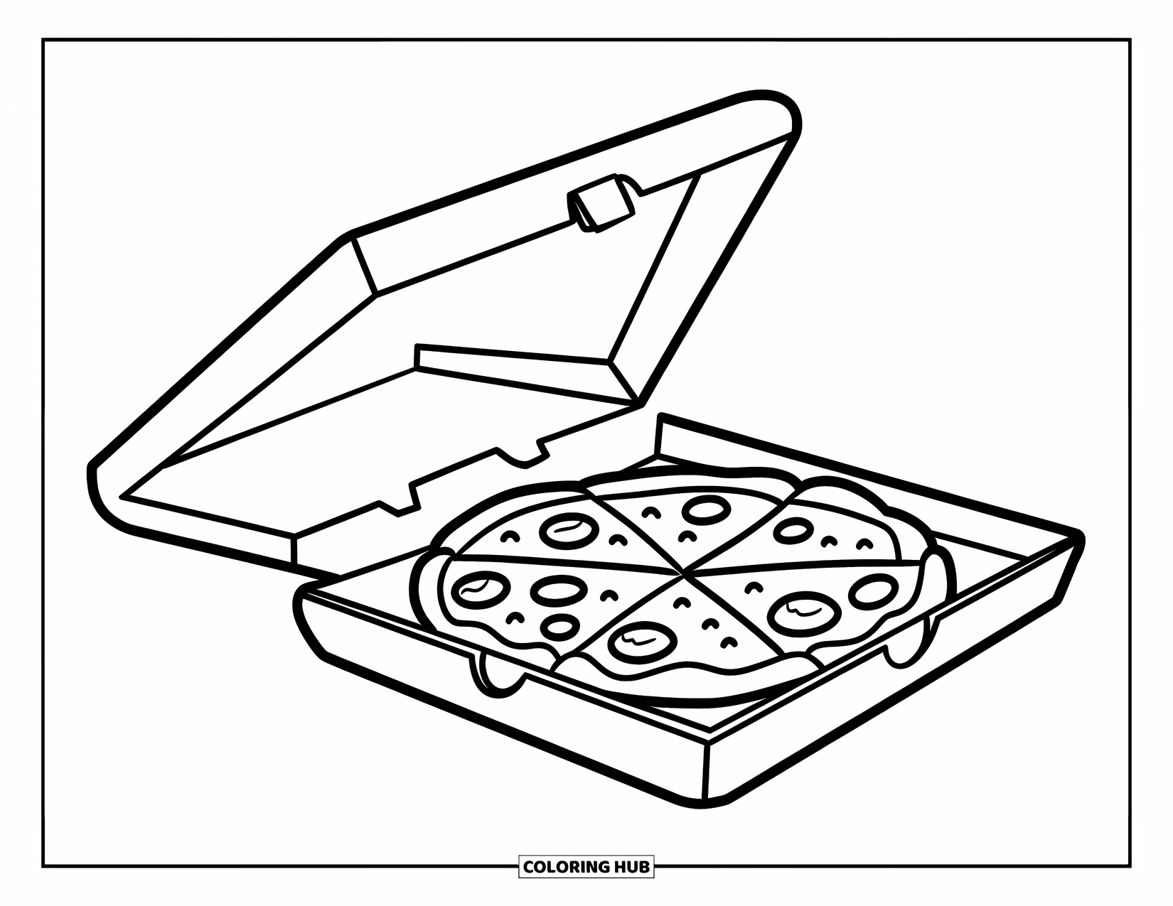 Pizza Coloring Page for Kids: A simple pizza box illustration with bold outlines, perfect for young kids to color