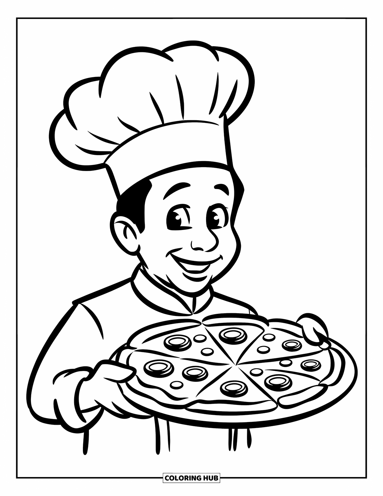 Pizza Coloring Page for Kids: A smiling pizza chef holding a tray with a freshly baked pizza, wearing a tall chef's hat