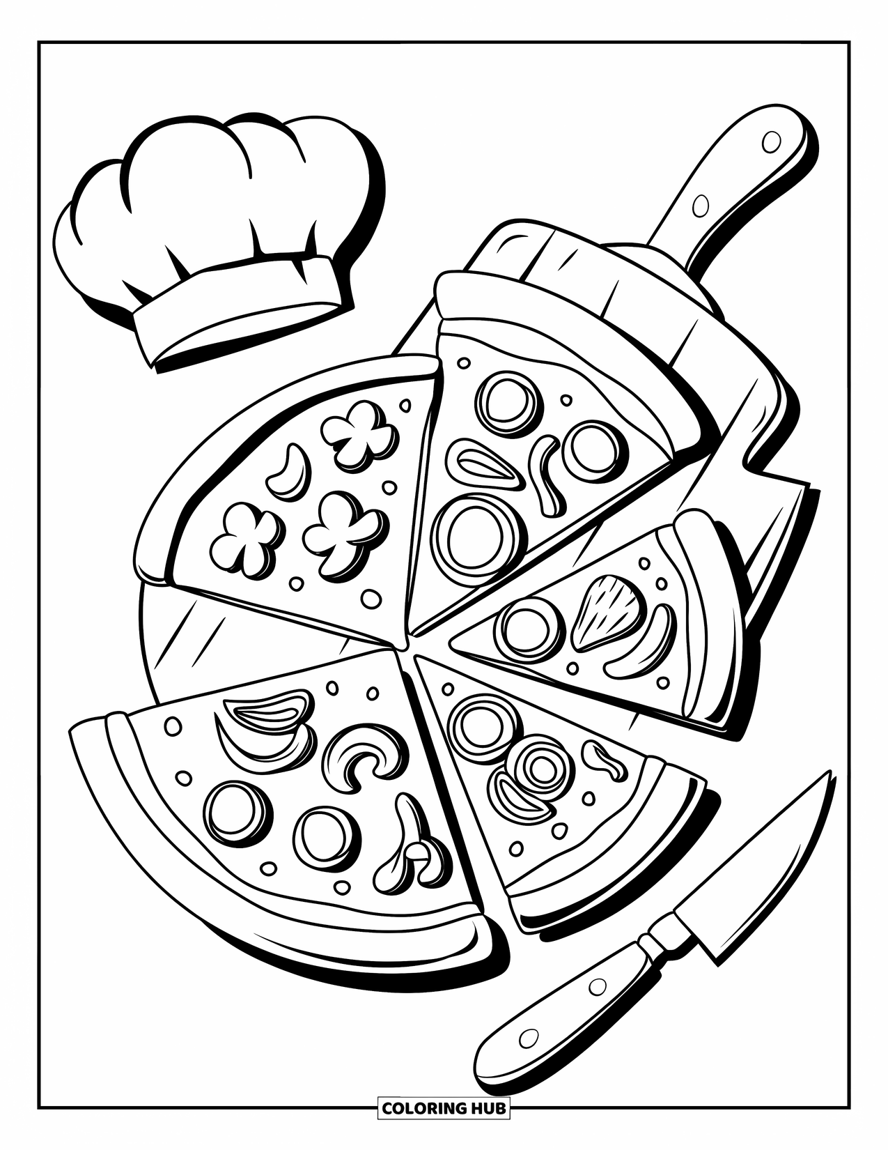 Pizza Coloring Page for Kids: A whole pizza with four different toppings on a wooden peel, with a chef's hat and knife nearby