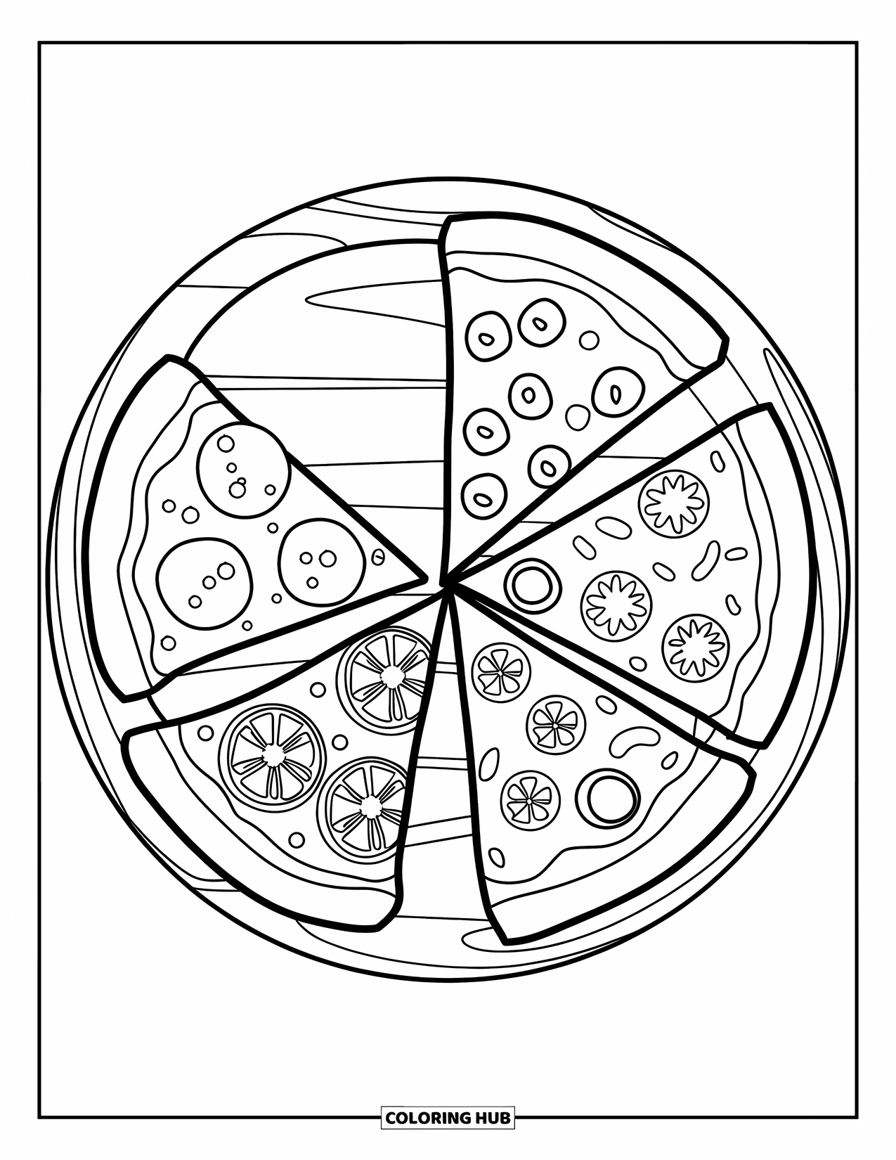 Pizza Coloring Page for Kids: A whole pizza with four slices, each with different toppings, placed on a wooden platter