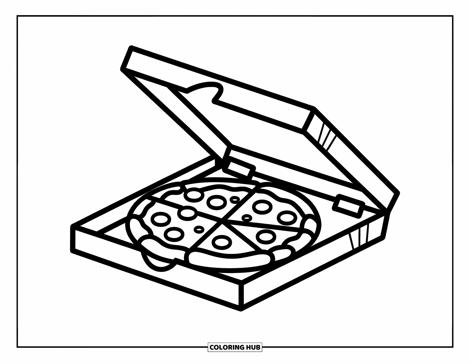 Pizza Coloring Page for Kids: An open pizza box with a fresh pizza inside, designed for an easy and fun coloring experience