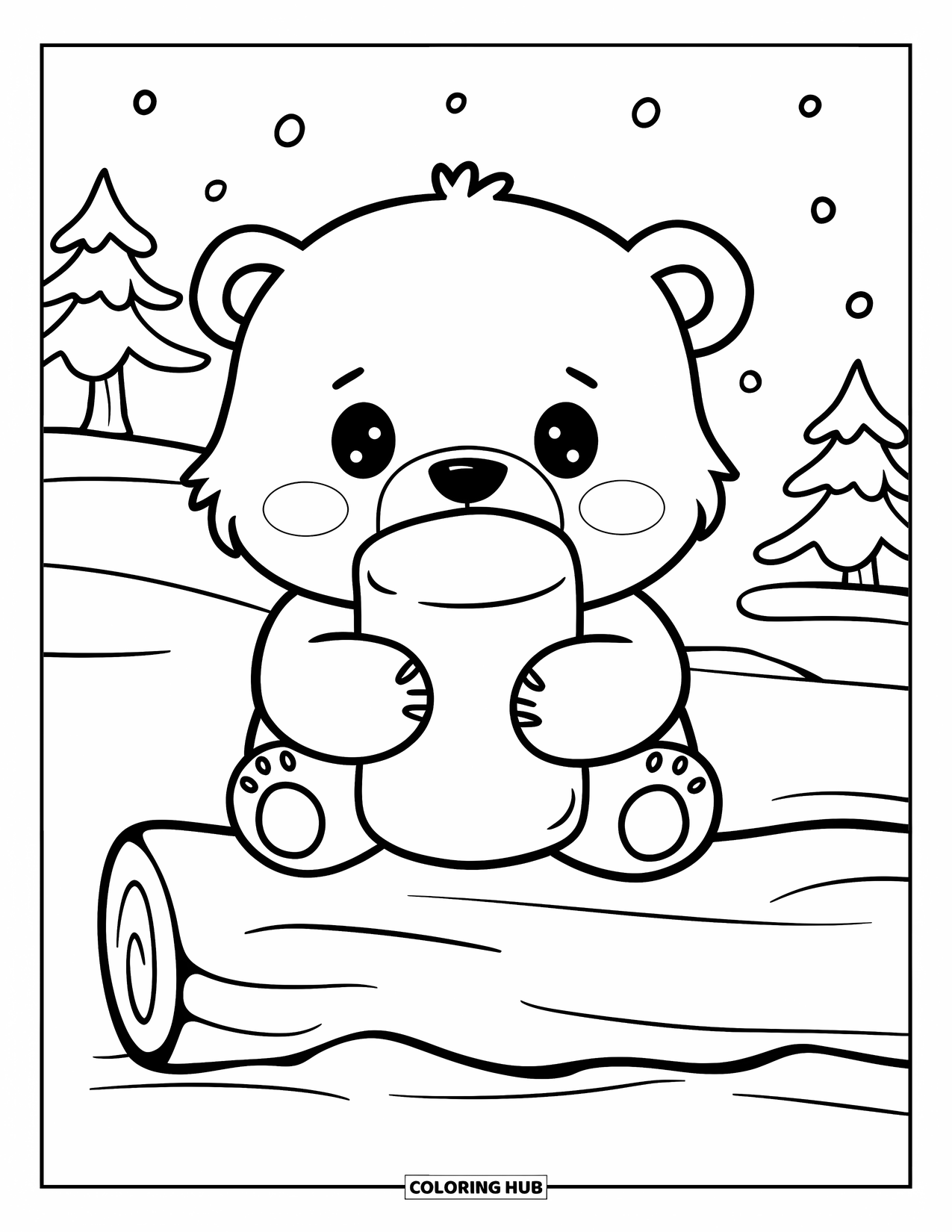 Polar Bear Coloring Page for Adults: A chubby polar bear with sparkling eyes, hugging a marshmallow with both paws