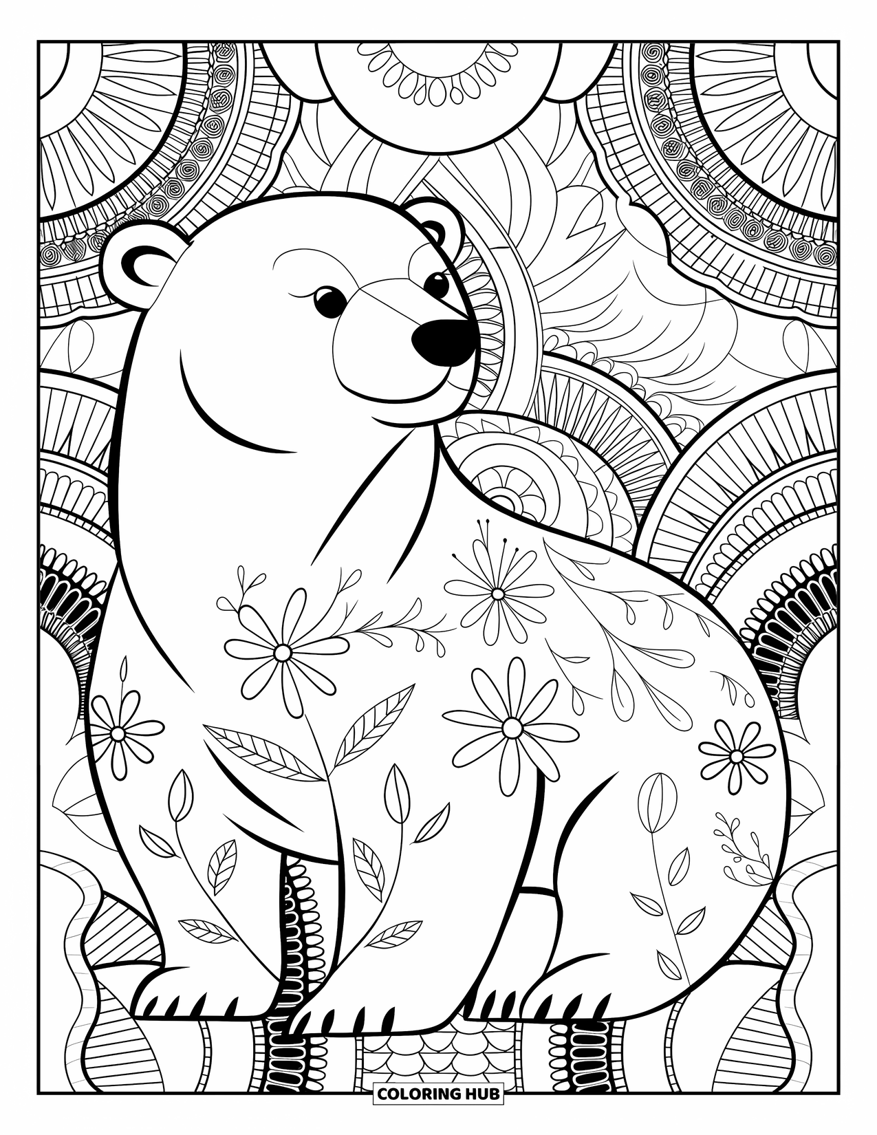 Polar Bear Coloring Page for Adults: A decorative polar bear with intricate flower and leaf patterns in a detailed background