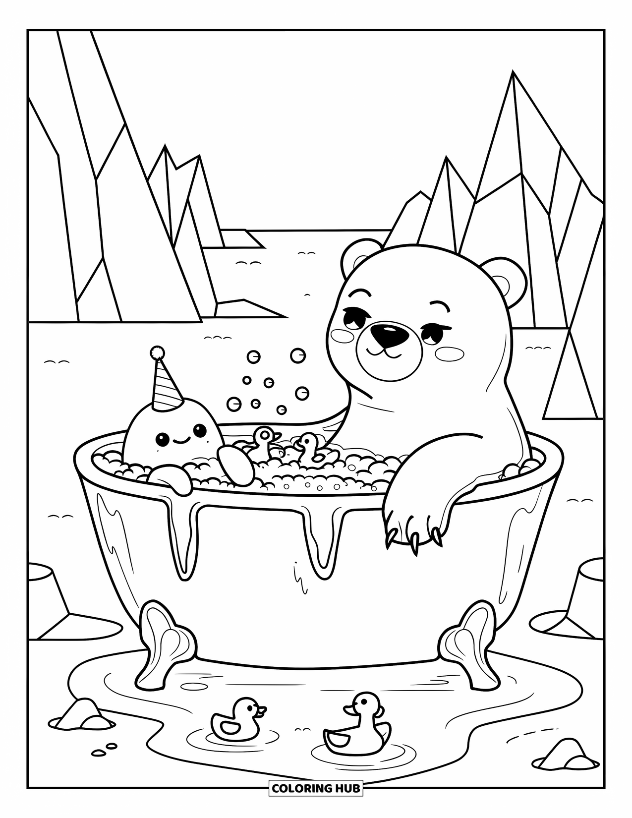 Polar Bear Coloring Page for Adults: A fluffy polar bear floating in a bubbly iceberg bath, surrounded by smiling bubbles