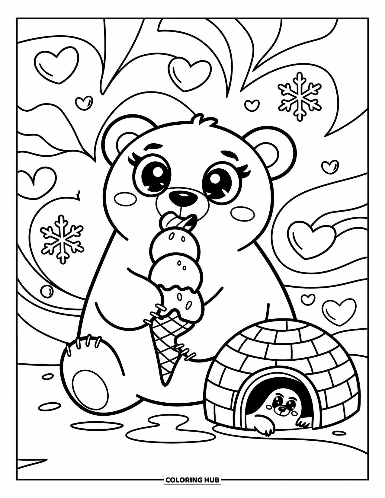 Polar Bear Coloring Page for Adults: A happy polar bear with big eyes savoring ice cream, surrounded by floating hearts