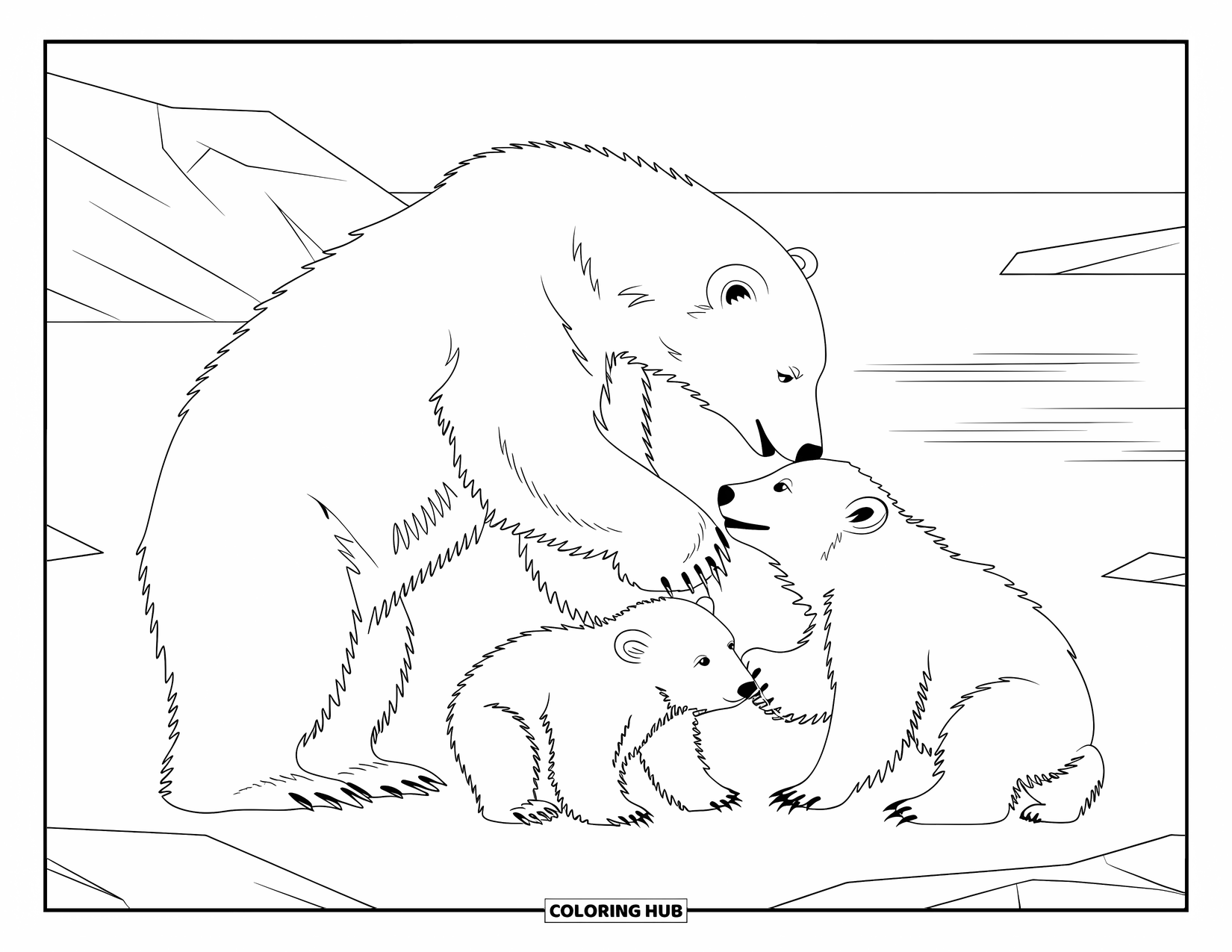 Polar Bear Coloring Page for Adults: A mother polar bear standing on her hind legs, reaching out to her playful cubs