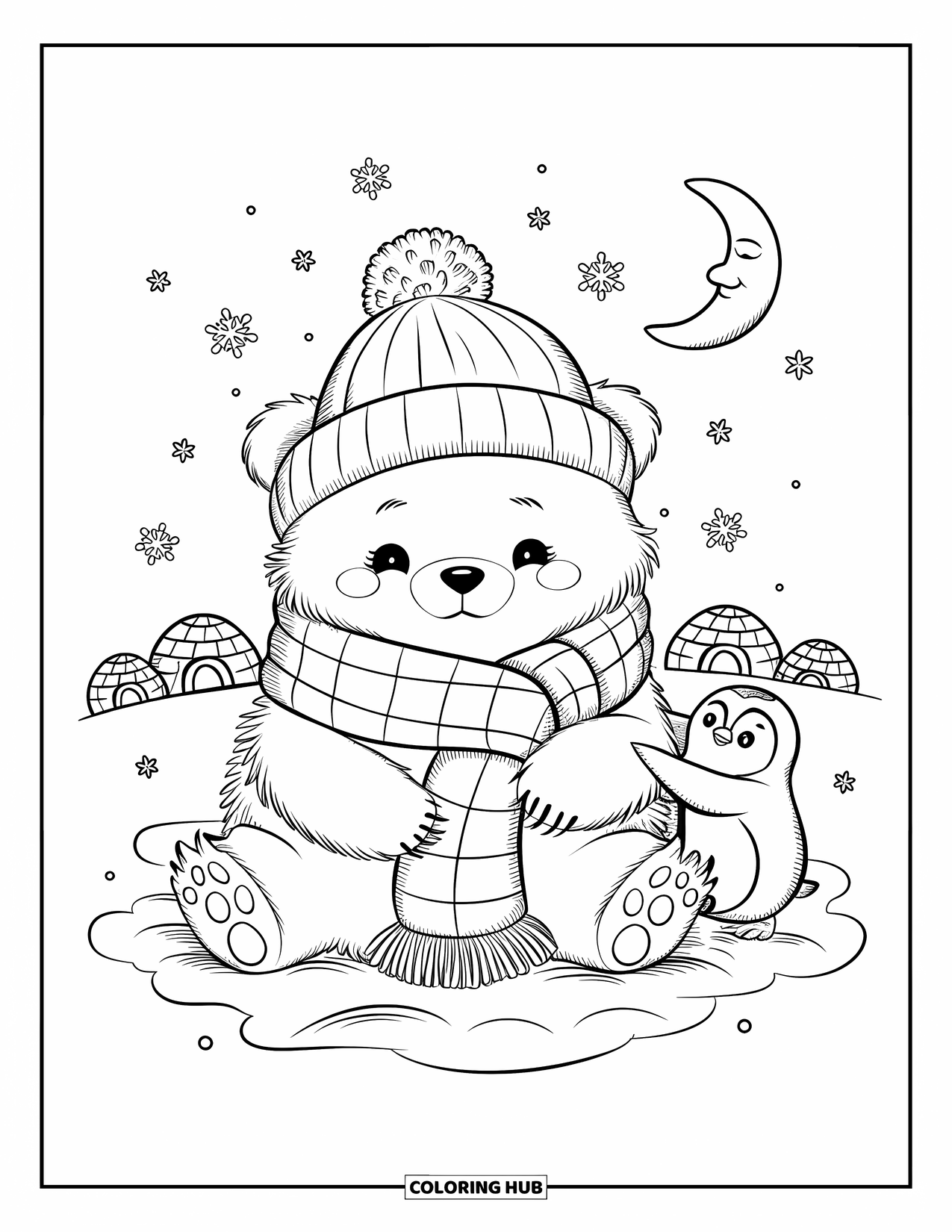 Polar Bear Coloring Page for Adults: A polar bear cub wrapped in a scarf and beanie, sitting on a soft pile of snow