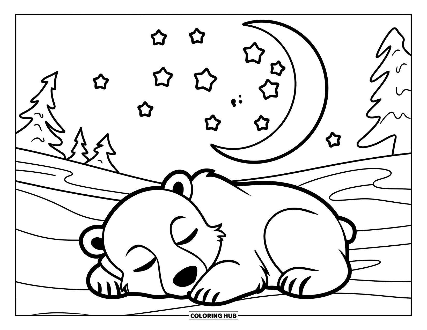 Polar Bear Coloring Page for Kids: A cozy polar bear cub curled up beneath a glowing moon on a snowy night