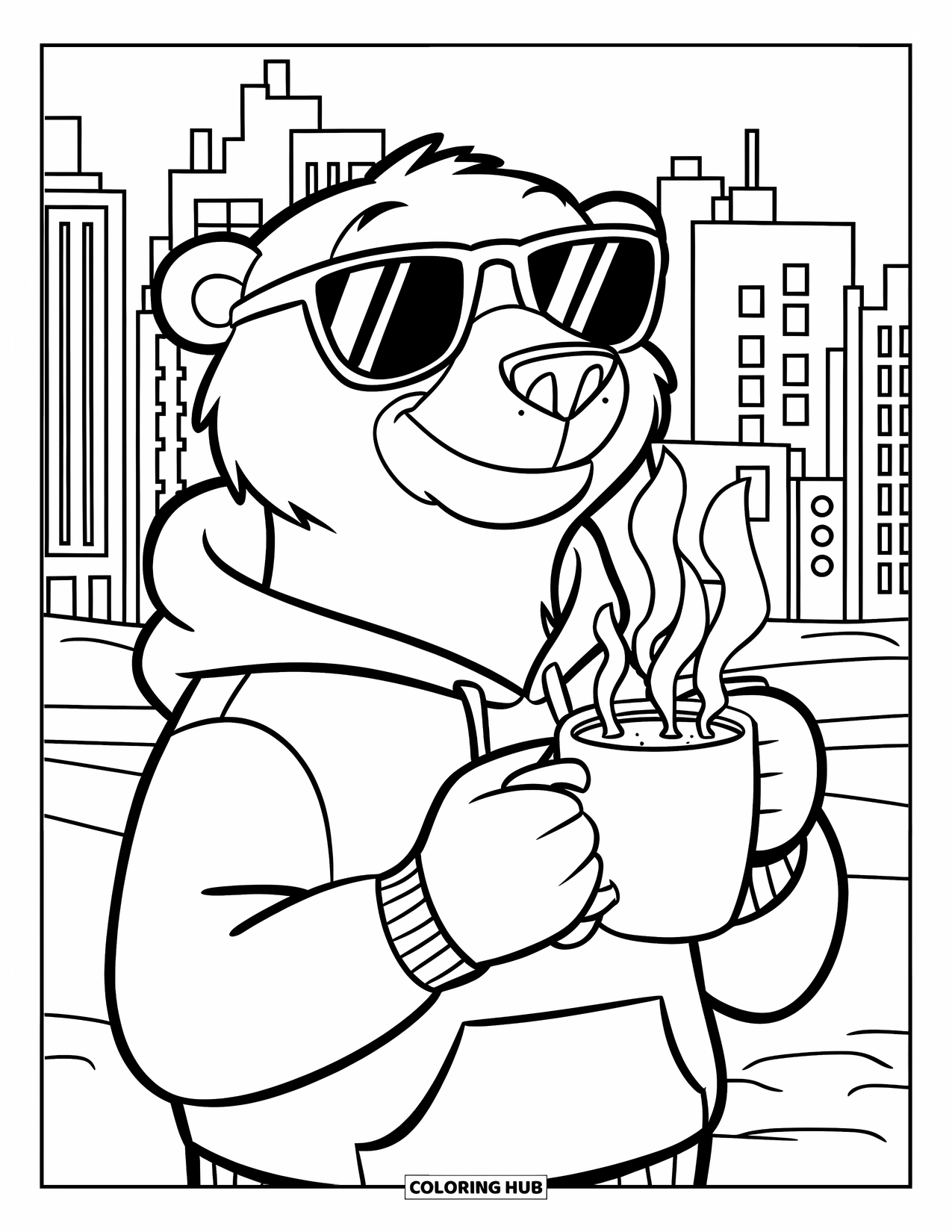 Polar Bear Coloring Page for Kids: A fashionable polar bear bundled up with a warm mug, surrounded by snow