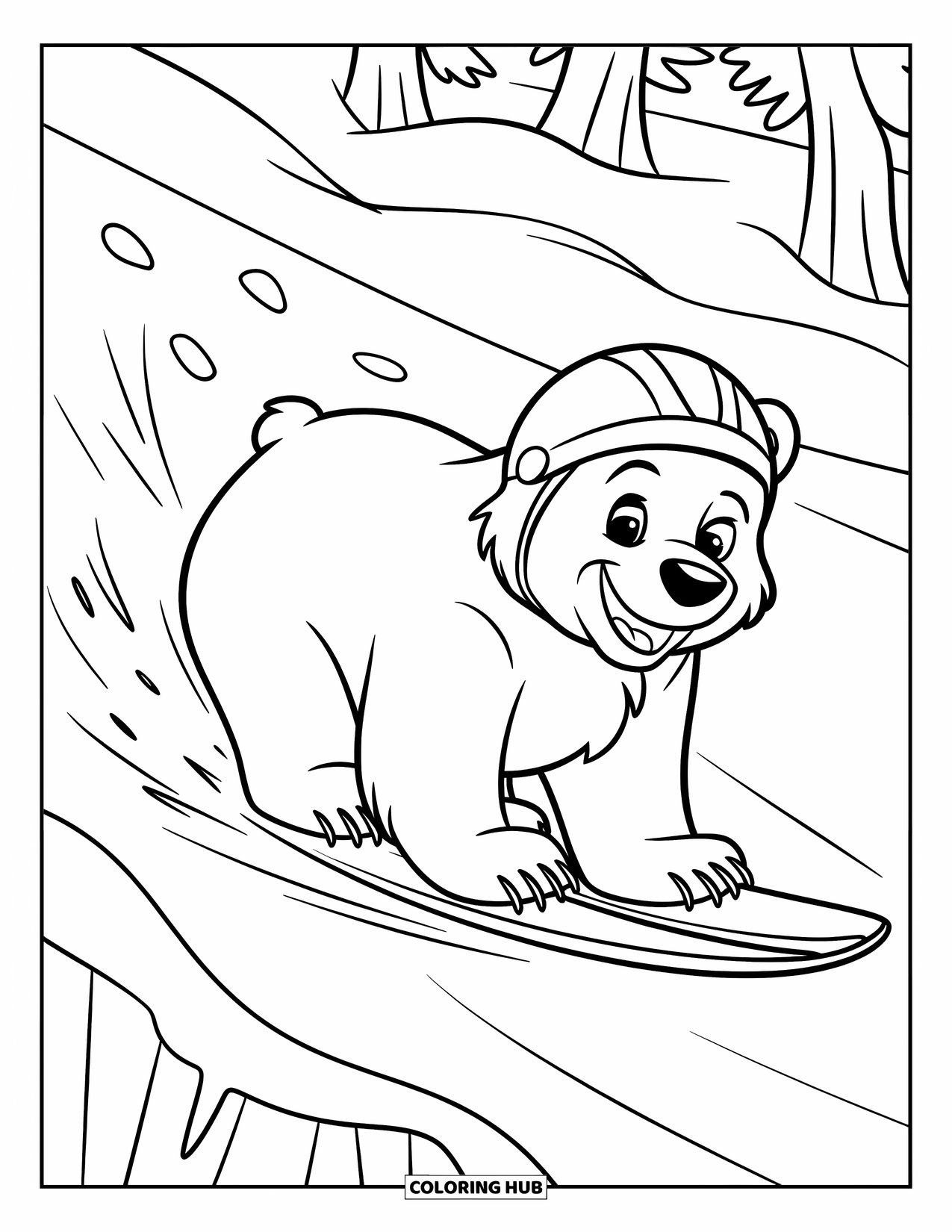 Polar Bear Coloring Page for Kids: A happy polar bear gliding down a snowy hill, leaving tracks behind