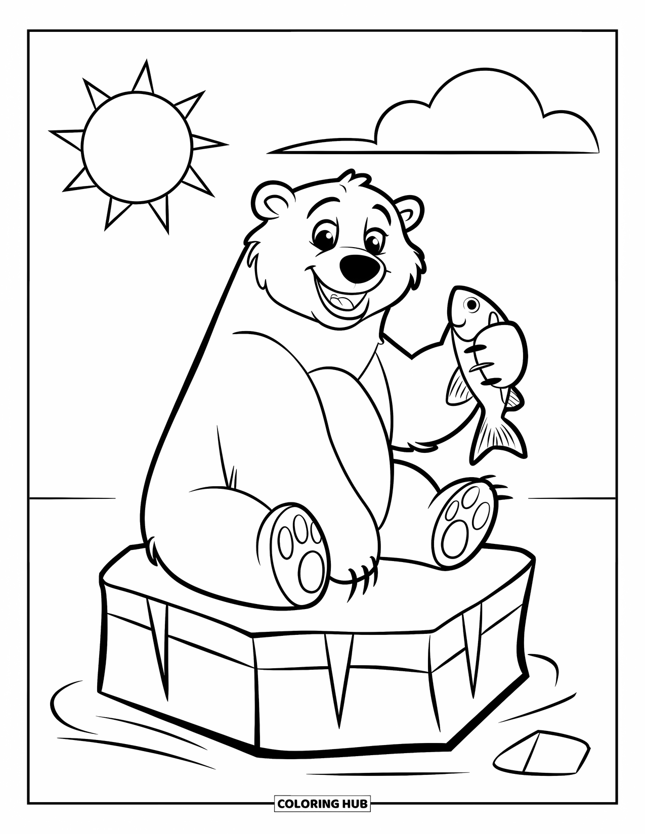 Polar Bear Coloring Page for Kids: A happy polar bear sitting on an ice cube, holding a fish with a big smile
