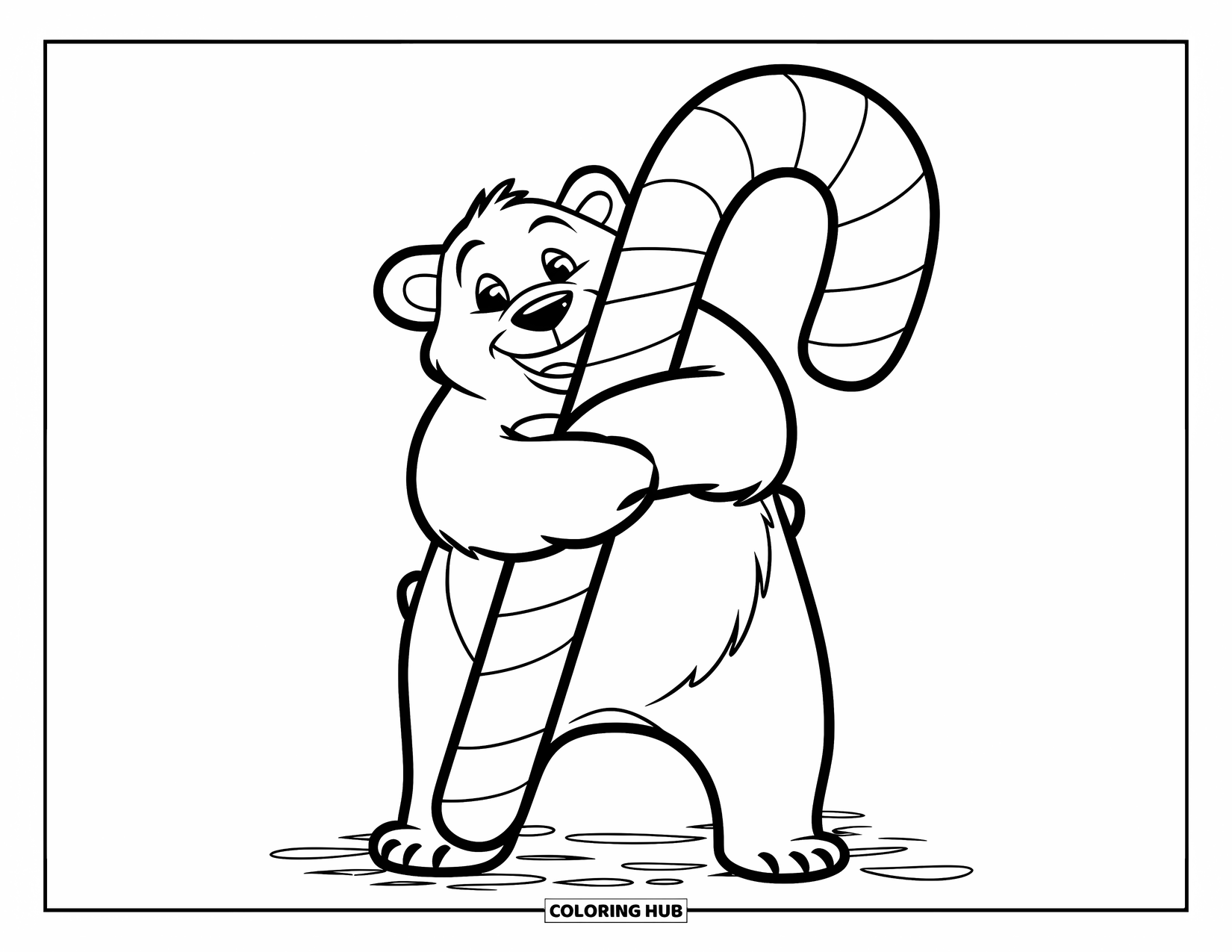Polar Bear Coloring Page for Kids: A joyful polar bear hugging a candy cane with a warm and festive vibe