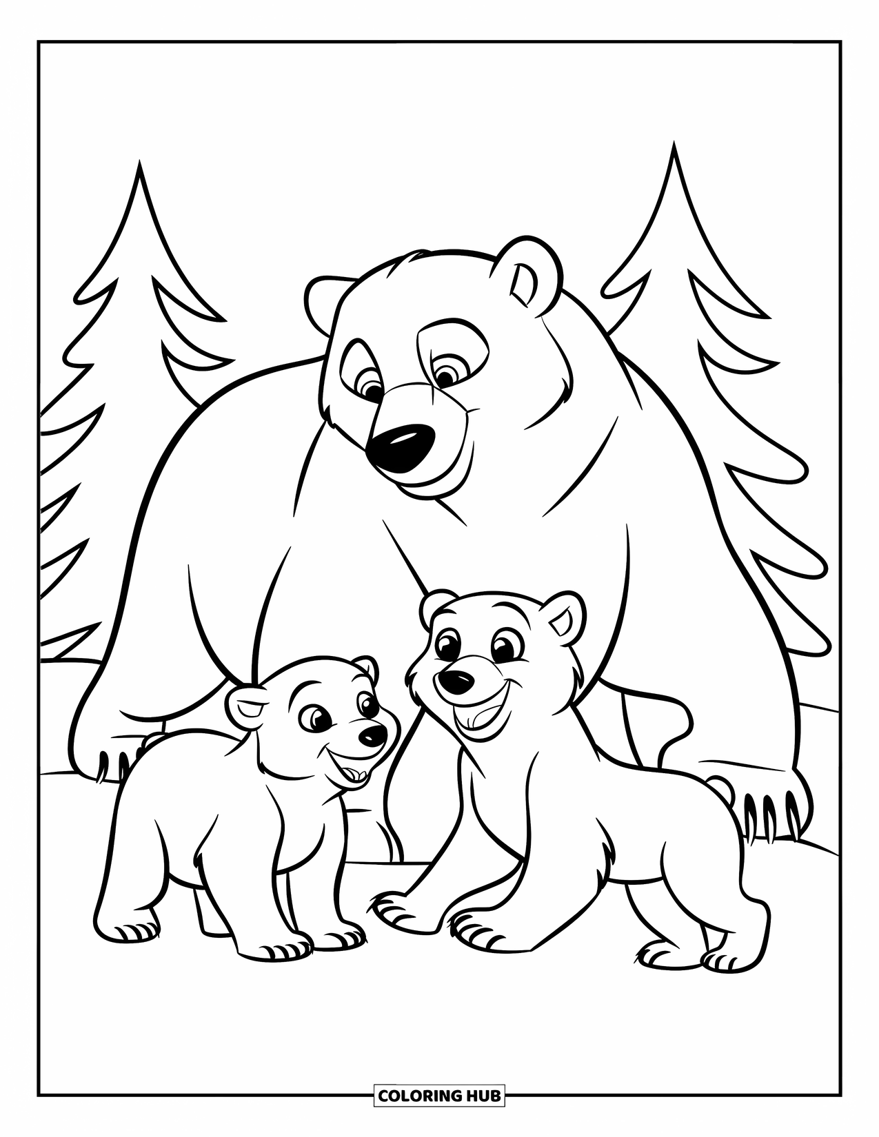 Polar Bear Coloring Page for Kids: A mother polar bear playing in the snow with her two energetic cubs