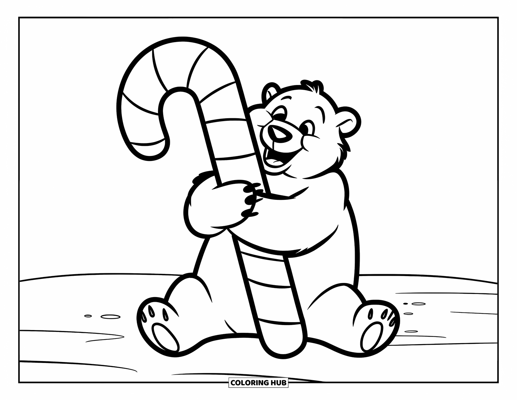 Polar Bear Coloring Page for Kids: A playful polar bear holding a candy cane, standing on a snowy surface