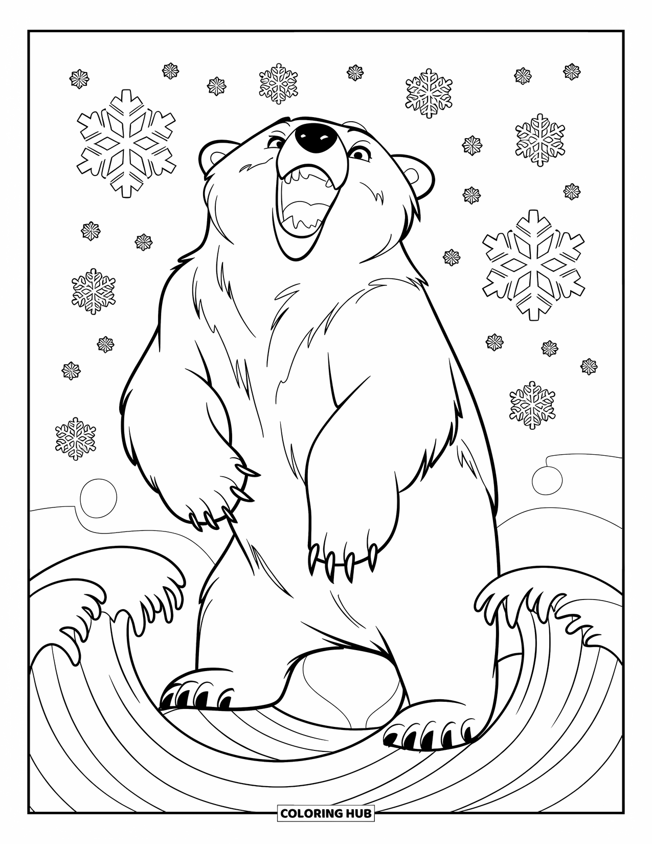 Polar Bear Coloring Page for Kids: A roaring polar bear surrounded by swirling snowflakes and Arctic waves