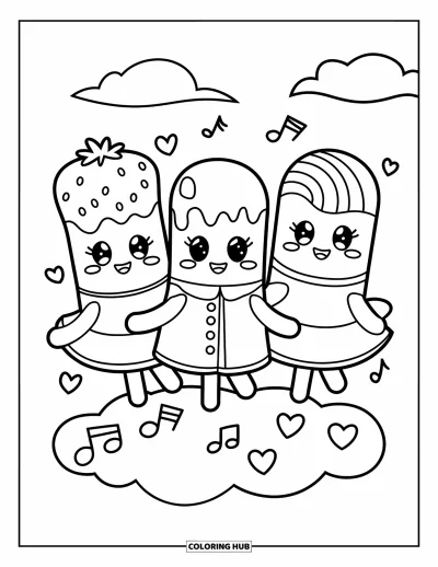 Coloriage de glace à l'eau pour adultes : Un groupe joyeux de glaces à l'eau tourbillonnant et riant avec des notes de musique flottantes