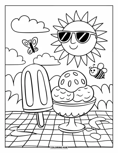 Coloriage de glace à l'eau pour adultes : Une glace à l'eau et un sundae joyeux partageant un pique-nique amusant sous un soleil souriant