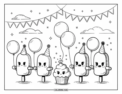 Coloriage de glace à l'eau pour adultes : Un défilé de glaces à l'eau joyeux mené par un cupcake souriant, avec des guirlandes festives dans le ciel