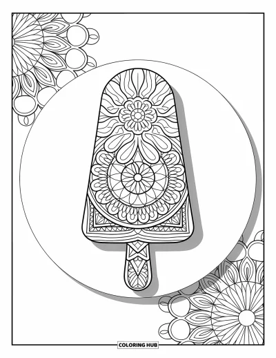 Coloriage de glace à l'eau pour adultes : Une glace à l'eau détaillée avec des motifs de mandala, entourée de motifs géométriques artistiques