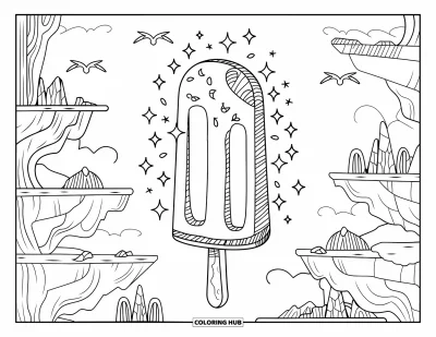 Coloriage de glace à l'eau pour adultes : Une glace à l'eau de rêve dans une forêt insulaire flottante avec des oiseaux mystiques planant