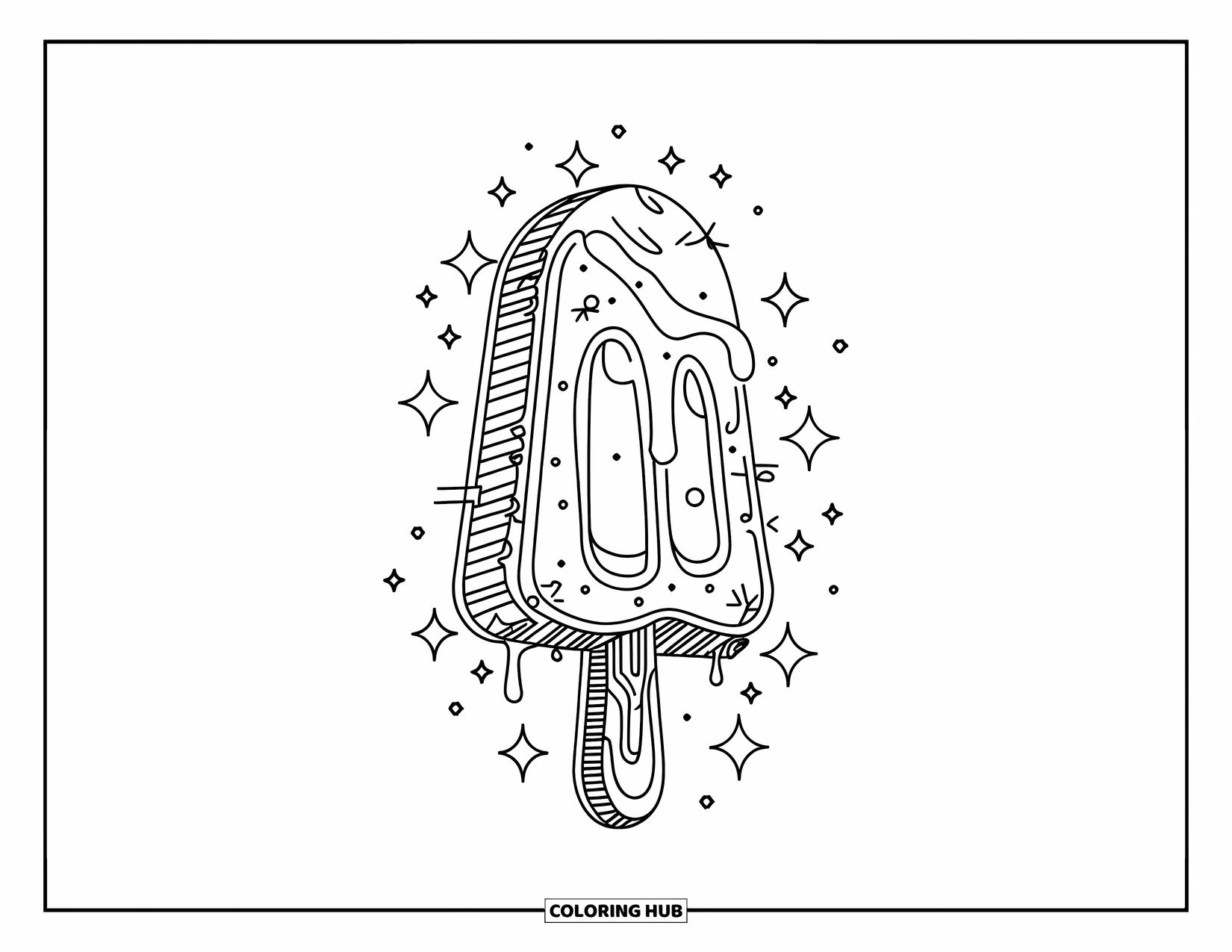 Popsicle Coloring Page for Adults: A fantasy-inspired popsicle surrounded by tiny magical sparkles in a dreamlike scene