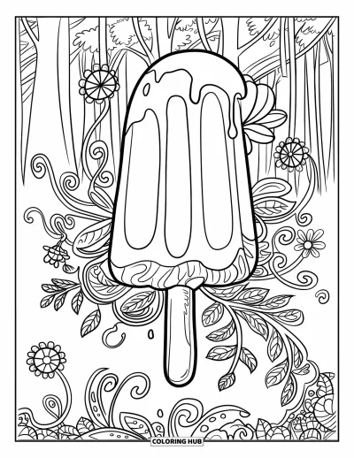 Coloriage de glace à l'eau pour adultes : Une glace à l'eau en forme de fleur fondant dans des vignes et des fleurs délicates dans une forêt luxuriante