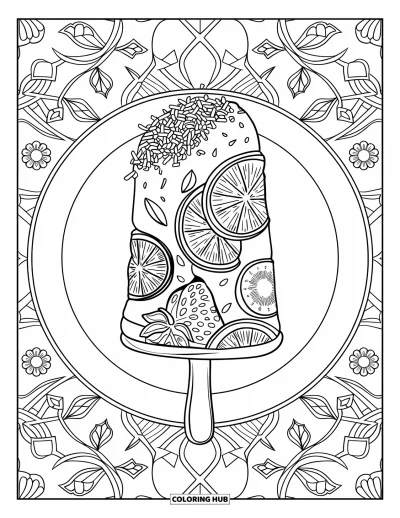 Coloriage de glace à l'eau pour adultes : Une glace à l'eau aux fruits avec des copeaux de noix de coco, reposant sur une assiette avec des motifs floraux