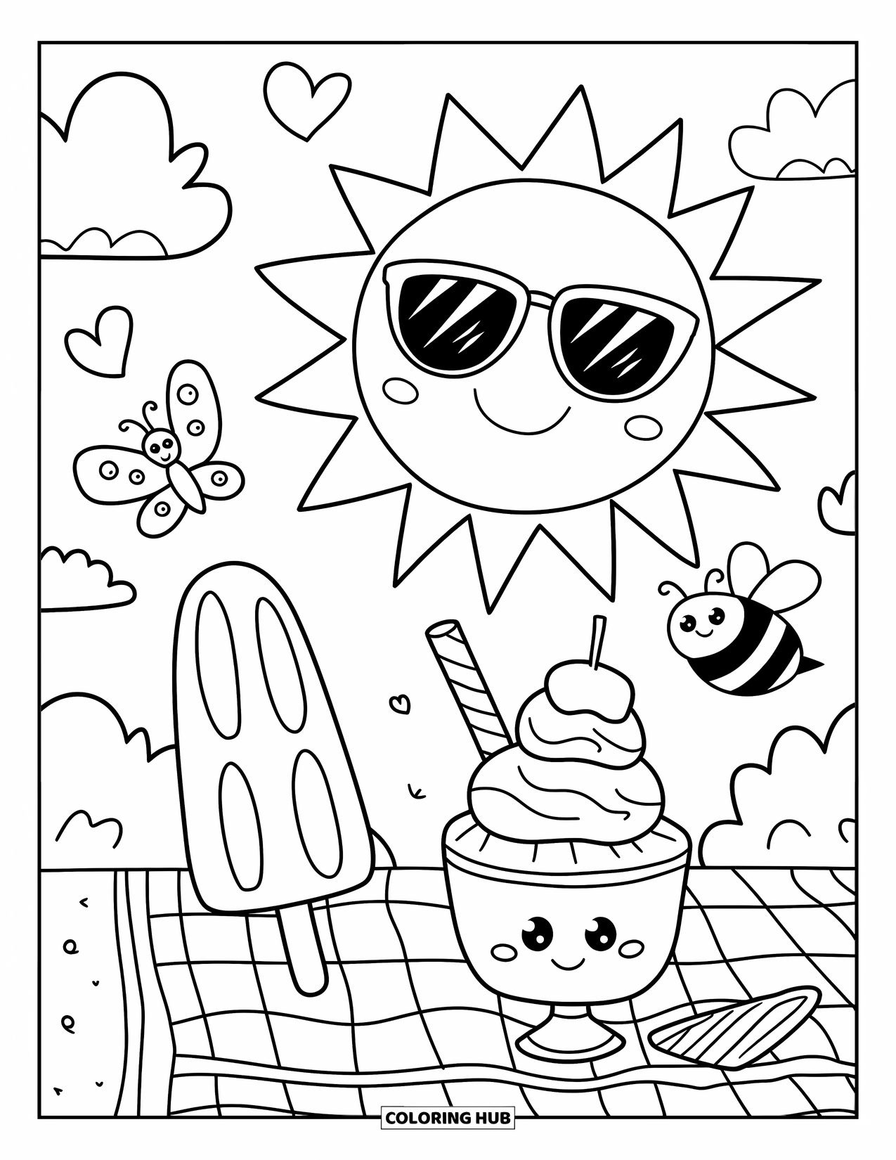 Popsicle Coloring Page for Adults: A happy popsicle and sundae sitting under a heart-shaped cloud with buzzing bees nearby